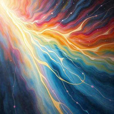 The primary subject of the image is a colorful painting featuring a variety of colors and patterns. The setting is a wall, and the visual style appears to be a combination of digital art and illustration. The dominant colors and overall atmosphere of the painting are vibrant and lively, creating a sense of energy and movement.